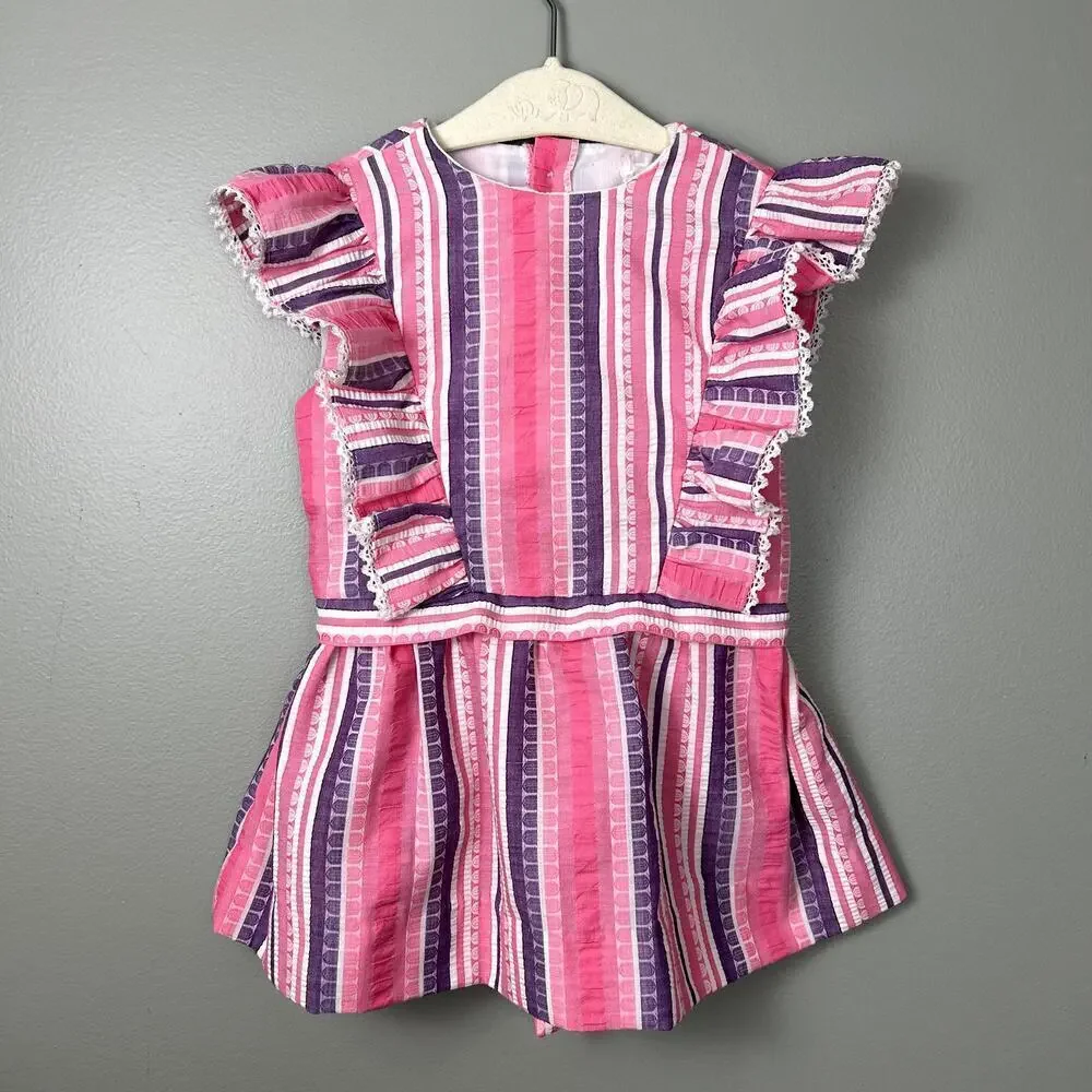Vintage 70's Pinafore Dress Toddler Girl's Pink Purple Ruffle Stripe Summer Mini